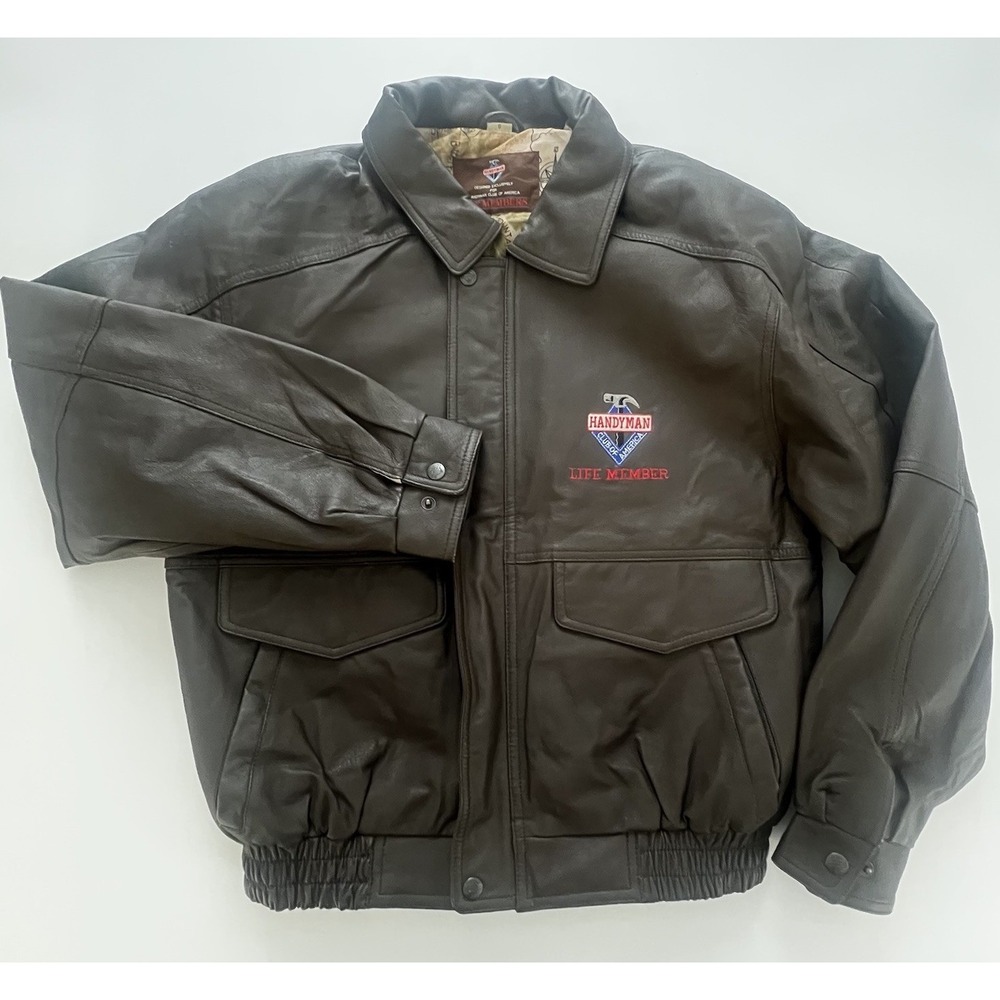 Handyman Club Of America Mens Bomber Jacket Life Members Brown Leather Small